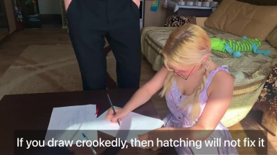 Tutor fucked petite girl with Blonde pigtails and white stockings