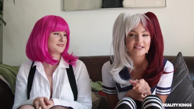 Two Busty Hotties In Bright Wigs And School Uniform Crave For a Guy's Huge Cock