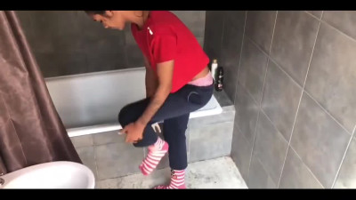 Petite latina and massive man save water by taking a shower together
