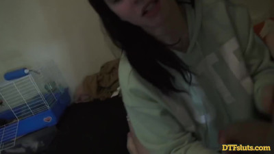Sloppy blowjob by a busty hot brunette