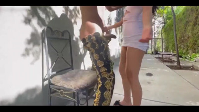 Bubble butt Asian start sucking BBC right on the street