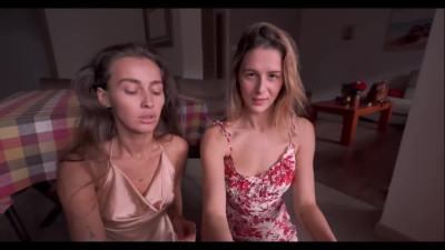 Two flat chested stepsisters share one dick and get creampie in tight little pussies.