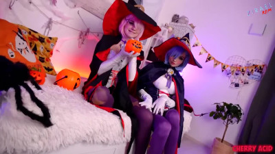 Witch Cosplay of Ram and Rem from Re: Zero by two lesbian teens
