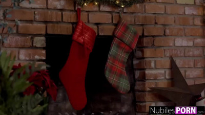Lucky Husband Has a Merry FFM Threesome Christmas Night With Two Stunning Sexy Slim Brunettes