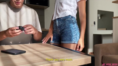 Naive Hubby Doesn't Notice His Sexy Slim Slutty Wife Cheating On Him Right Behind His Back