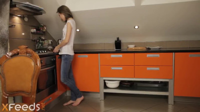 Lithe and tight teen enjoy a kitchen sex in the morning.