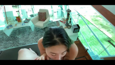 Asian teen gives slobber blowjob till her face covered in sperm