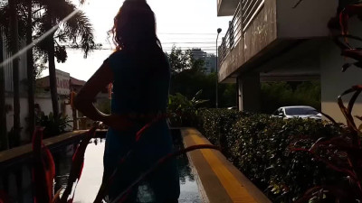 Kinky amateur swims in pool having only butt plug inside!