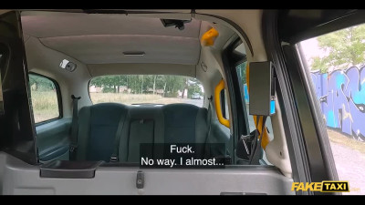 Skinny blonde in stockings fucked in fake taxi in shaved pussy