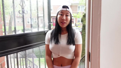 Asian girl in a baseball cap seduced neighbour to suck his big dick