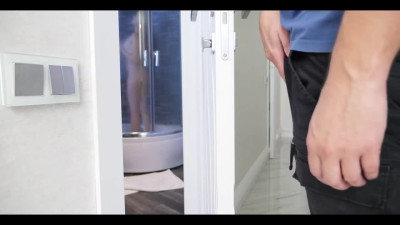 Spying on stepmom in the shower while she fucks suction cup dildo