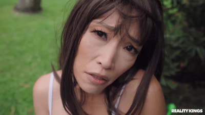 Clean-shaven asian MILF loves public BJ and riding big cock POV