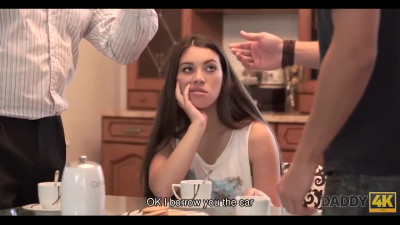 Brunette petite girl fucks her boyfriend's dad to satisfy herself.