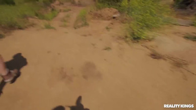 Three white girls share one black cock and enjoy cum swapping in the mountains
