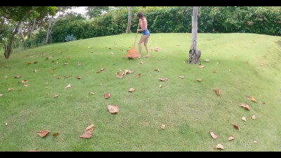 Teen gardener flaunts her tight body and gets creampied in the backyard.