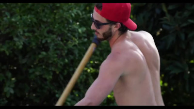 Pool guy performs an additional task from his boss