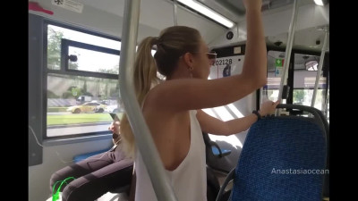 Shameless Anastasia Ocean teasing with her big natural tits in Public