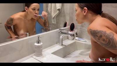 Busty Latina brushes her teeth and takes boyfriend's cock from behind