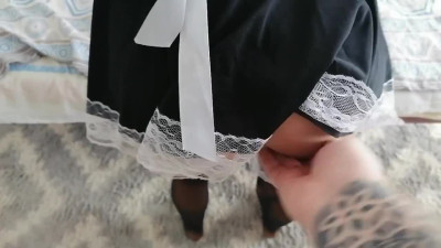 My GF in maid uniform and stockings sucks dick before cowgirl anal sex