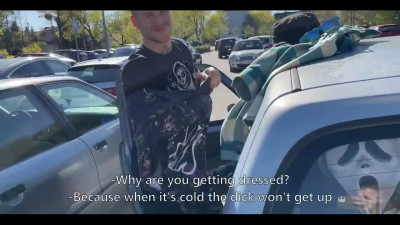Oral VLOG with teen couple. Girl in glasses blows in public and eats cum