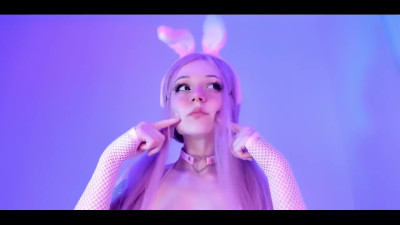 Bunny in sexy stockings plays with her tits and fucks butt-hole with toy
