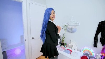 Doll with blue hair swallows big cock and bounces with her butt in POV
