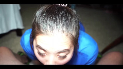 Green-eyed Asian gives slobber deepthroat in POV