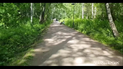 Skinny teen fucks in the woods in a public place and stretches her asshole on his cock.