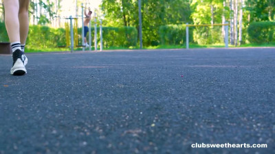Skinny blonde with small tits fucked outdoors after sports