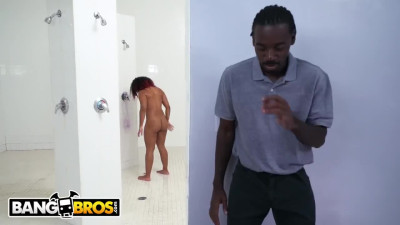 Ebony fucked hard in gym locker room