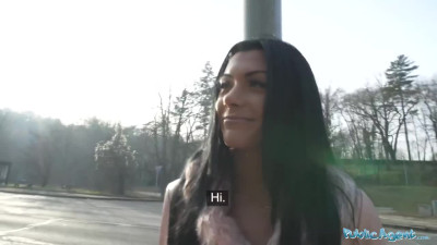 Slender euro brunette sucks cock and fucks a stranger on the street for big bank.