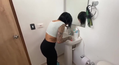 Horny Latina called her stepbrother to the toilet for help and rode his cock until she finished.