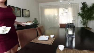 Busty brunette ate sushi and then a dick