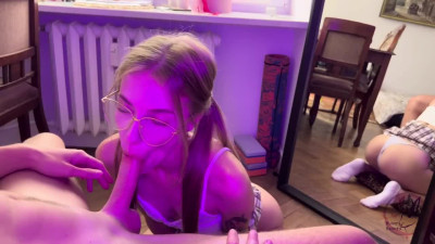 Shy nerdy schoolgirl gives friendly blowjob to classmate