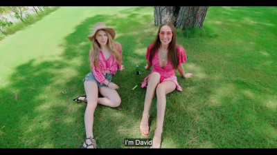 Russian girls Polina and Milana are flirting with stranger guy in the park