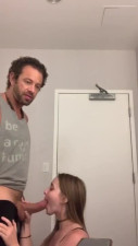 Horny couple stop in the nearest public restroom to have a quick sex there