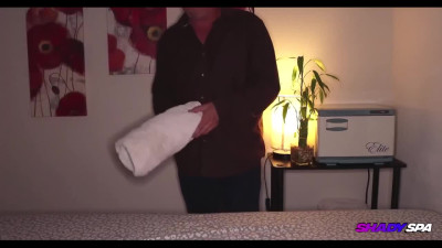 Busty masseuses give blowjob to older dude in massage parlor