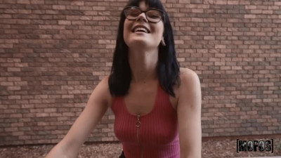 Brunette with glasses masturbates and sucks cock