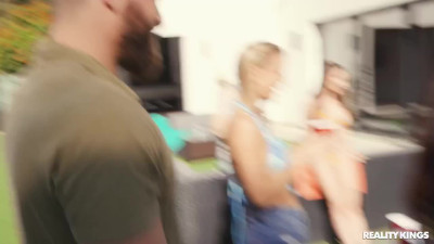 Cutesy big tits teen gets manhandled by a hunk in the kitchen