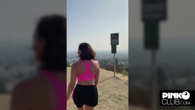 Lustful Latina babe Violet Starr gives a blowjob and titjob in public