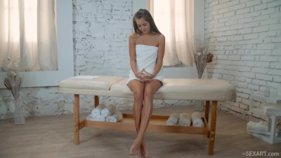 Skinny teen with small tits doesn't mind being blacked by BBC masseur.