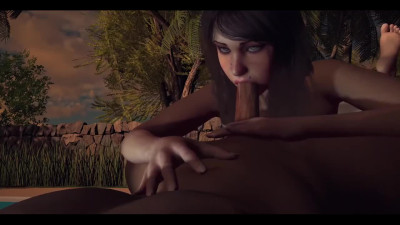 3D girl with beautiful big eyes gives a blowjob to one guy with a big phallus