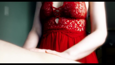 Busty MILF gives handjob and jerks Husband's dick with Vagina Toy