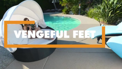 Babe fucks a cock with her mouth, feet, pussy and ass by the pool