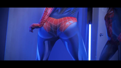 Spidergirl in a spandex suit fucks a guy among the neon lights