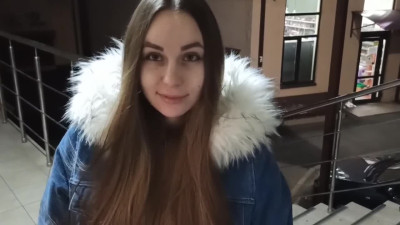 Teen with big breast sucks in Public and eats cum on the stairs