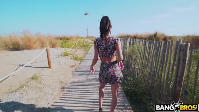 Hot brunette with big melons has some fun on an abandoned beach!