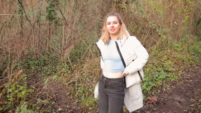 Pretty blonde teen sucks cock right in the woods - Amateur POV