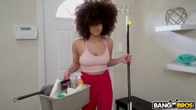 Curly haired babe fucks a huge dick after cleaning!