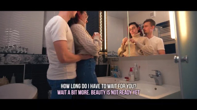 Smiley amateur eats cum after quick hook-up at the mirror